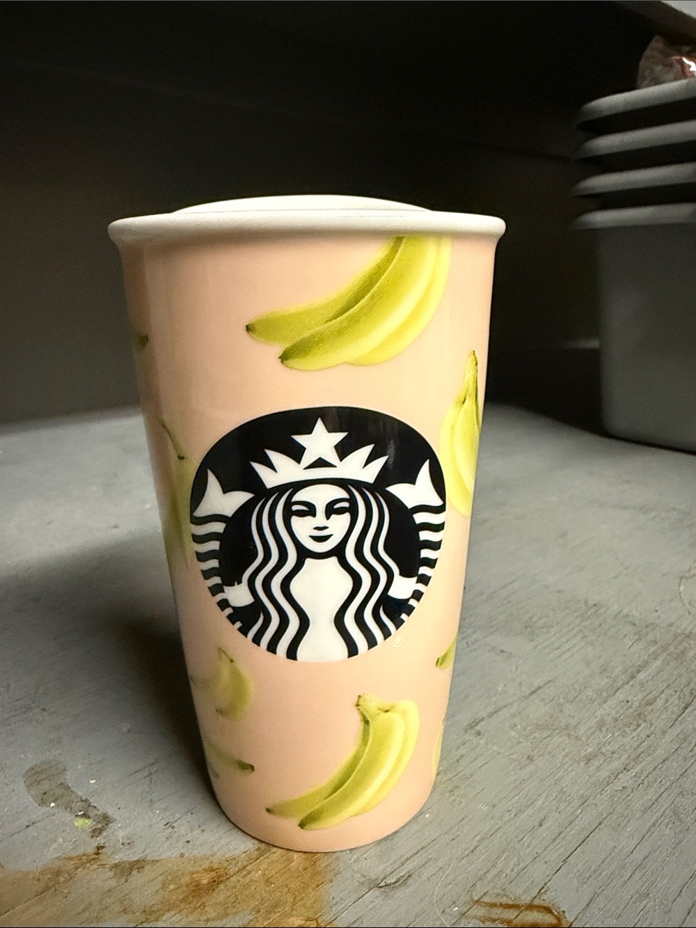 Starbucks Pink Ceramic Cup with Yellow Bananas 2015